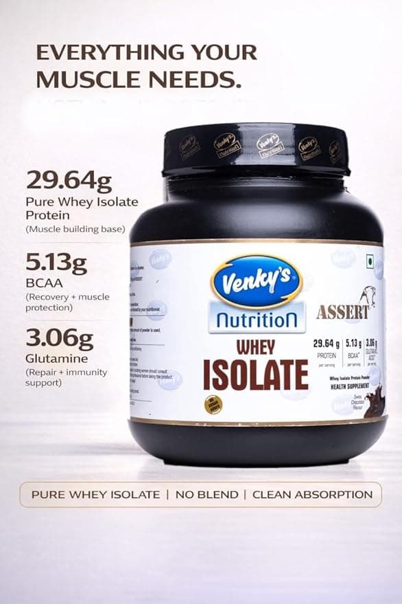 Venky's Venky's Nutrition Assert Isolate Whey Protein | 1-KG | Boosts Performance | Increases Strength & Muscles | 29.64g Protein | 5.13g BCAA | 3.06g Glutamic Acid | Flavour - Swiss Chocolate
